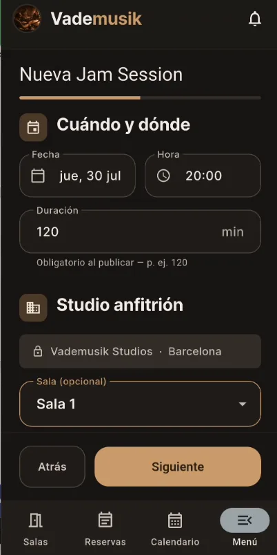 Captura de la app: el estudio crea una jam con su sala de anfitriona