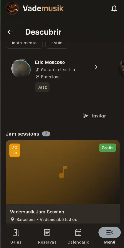 Captura de la app: el estudio ve músicos de su ciudad y los invita